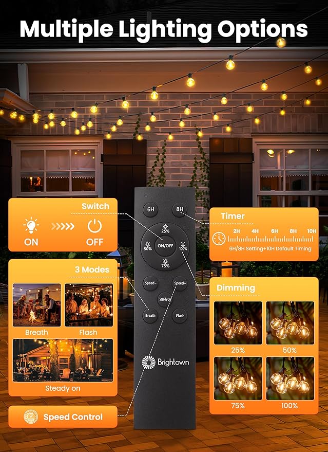 Brightown 75FT Solar String Lights Outdoor with Remote and 36 LED Shatterproof Bulbs, Dimmable & Timable, 3 Light Modes, Solar Patio String Lights Outdoor for Cafe, Garden, Deck, Outside Wedding