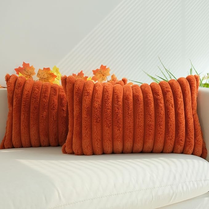 JOJUSIS Pack of 2 Faux Fur Plush Decorative Throw Pillow Covers Couch Cushion Case Soft Pillowcases Farmhouse Fall Home Decor (Rust, 12 x 20-Inch)