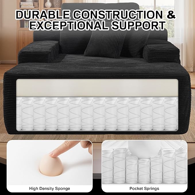 Chaise Lounge Chair Indoor, 67" Oversized Comfy Corduroy Sleeper Sofa Bed, Boneless Upholstered Recliner Bed with Pillows and Wide Armrests, Modern Cloud Couch for Living Room, Black