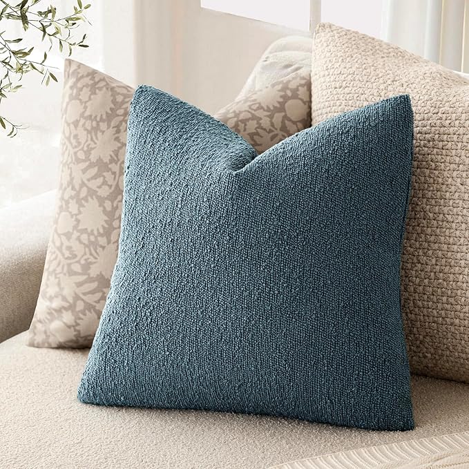 Foindtower Set of 2, Decorative Textured Boucle Throw Pillow Covers Accent Solid Pillow Cases Neutral Cozy Couch Cushion Case for Chair Sofa Bedroom Living Room Home Decor 24x24 Inch Misty Blue