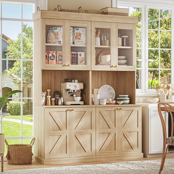 71" Farmhouse Kitchen Pantry Cabinet Set of 2, Brown Freestanding Coffee Bar with Glass Doors, Microwave Stand, Large Storage Hutch with Adjustable Shelves for Kitchen or Living Room