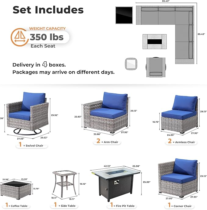 ovios 9 Pieces Patio Furniture Set, Outdoor Wicker Sectional Sofa with 42" Firepit Table Swivel Chair, Modern Modular Deep Seat Rattan Couch Conversation Sets, Navy Blue