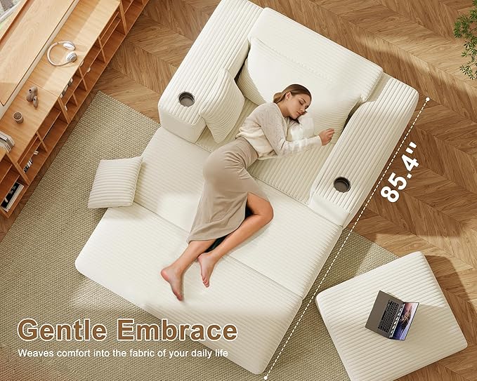 62" Oversized Chaise Lounge Chair Indoor, Fluffy Corduroy Upholstered Boneless Couch, Convertible Sleeper Sofa Bed & Reading Chair, Cloud Sofa Couches for Living Room, No Assembly, Beige
