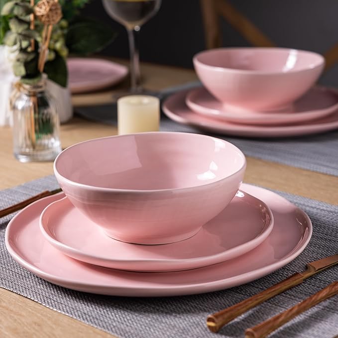 LERATIO Ceramic Dinnerware Sets for 4,Porcelain Plates and Bowls Sets with Wavy Edge,Microwave & Dishwasher & Oven Safe,Light Weight & Scratch Resistant Dishes Sets-Service for 4 (12pcs)-Pink