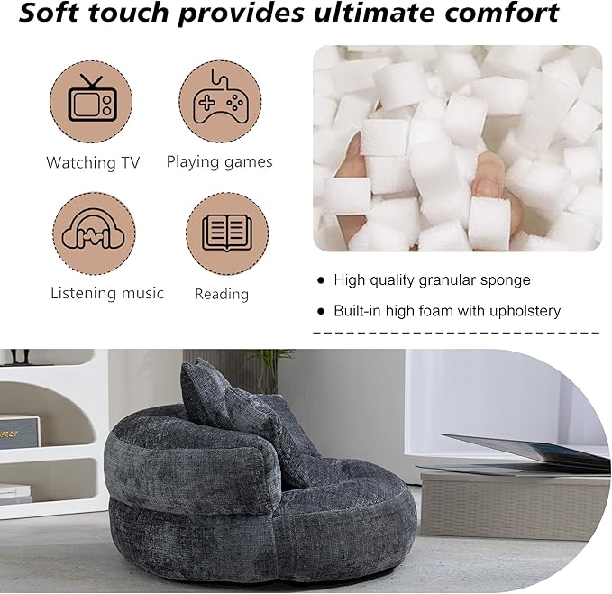 42'' Oversized Round Chair, Single Lounge Chaise Upholstered Sofa Bed with Deep Seat, Chenille Bean Bag Chiar with Pillows for Living Room, Bedroom, Apartment, Reading, No Assembly (Gray)