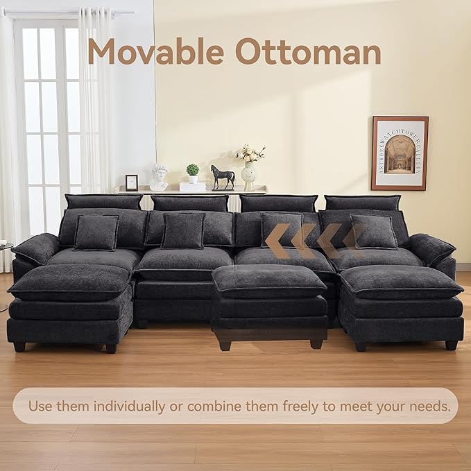 134'' Cloud Modern 4 Seater Couch with Detachable Headrest, Modular Sectional Sofa with 2 Ottoman, Oversized U Shape Chenille Comfy Sofa with Armrests for Living Room, Dark Grey