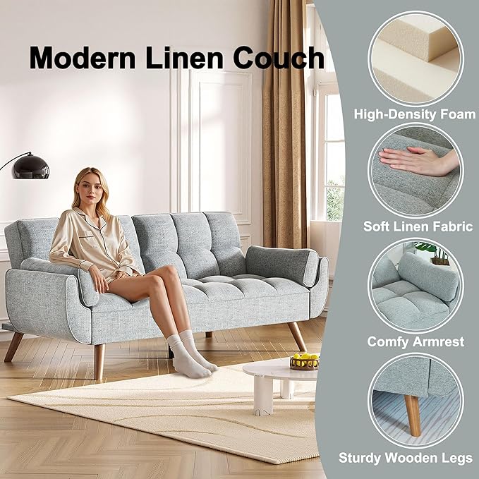Futon Couch for Small Spaces & Apartment, 2-in-1Modern Comfy Loveseat Convertible Sofa Bed, 75.4-Inch Compact Design for Living Room, Dorms, and Studios-Light Grey
