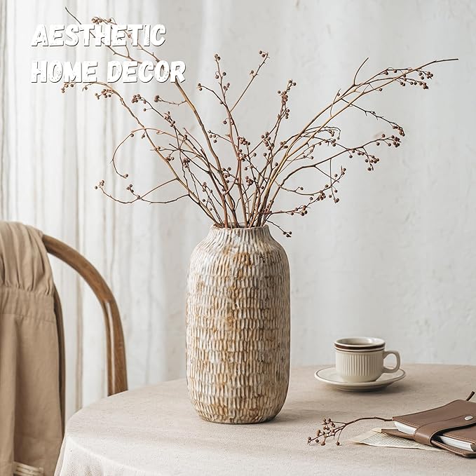 Ceramic Rustic Vase, 9.7 Inch Farmhouse Terracotta Vases for Home Decor, Large Pottery Vase Tall Decorative Flower Vases for Living Room Entryway Table Centerpieces Shelf Decorations