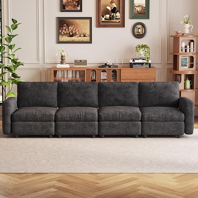 4-Seat Modular Sofa Couch Grey with Ergonomic Cushions, Convertible Sleeper Sectional for Living Room Bedroom Apartment, Cloud Futon Lounge Furniture Set for Small Spaces