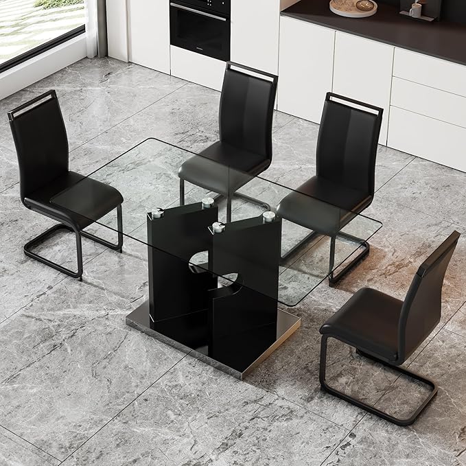 Glass Dining Table Set for 4,5 Piece Dining Table Set, Tempered Glass Table Top and Modern Design MDF Base with 4 PU Leather Ergonomic Dining Chairs