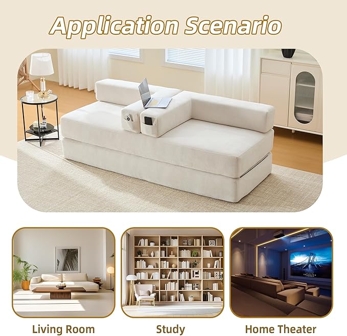 Comfy Convertible Folding Mattress Couch, Floor Sofa Bed, Chenille Floor Sofa with Armrest, Floor Sofa Lounge Couch for Living Room Bedroom Lounge Studio-Beige White