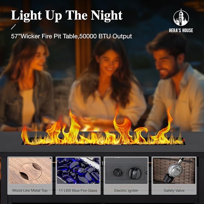 HERA'S HOUSE 4 Piece Patio Furniture Set with 56" Fire Pit Table, 2 x Swivel Cushioned Chair, 1 x 3-Seat Sofa, 5-Seats Outdoor Conversation Set for Lawn Garden Deck, Navy Blue