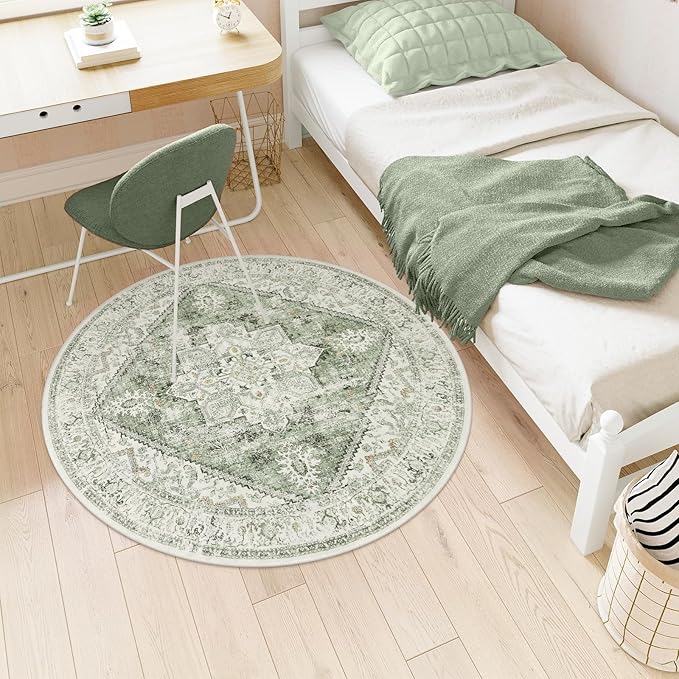 LIVEBOX Sage Green Round Rug 4ft, Vintage Tribal Circle Rugs for Entryway Foyer, Low-Pile Oriental Retro Rugs for Living Room, Stain Resistant Medallion Circular Rug for Bedroom