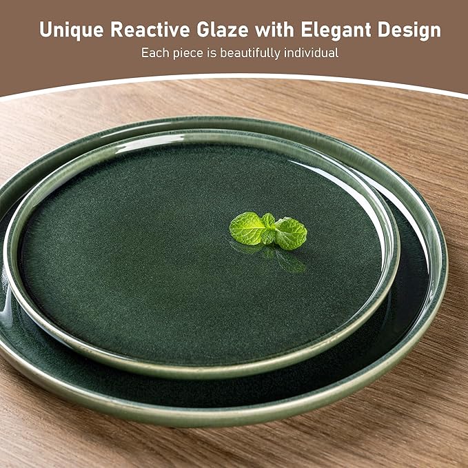 GBHOME Ceramic Dinnerware Sets for 6, 18 Pieces Stoneware Plates and Bowls Sets, Reactive Glaze Dishes -Scratch Resistant, Dishwasher&Microwave Safe, Earth Green