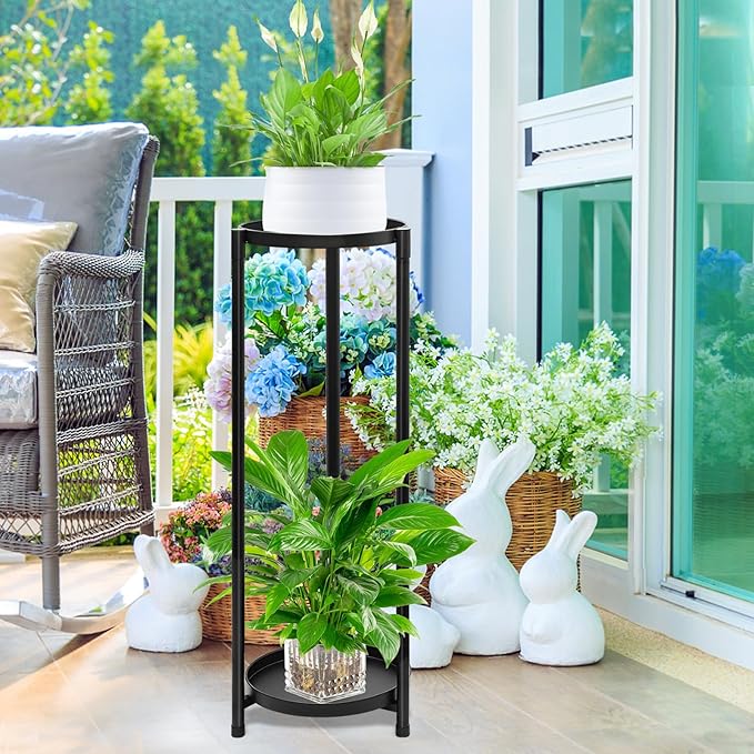 2 Tier Round Tall Metal Plant Stand indoor outdoor, Rustproof Round Planter Display Storage Rack, Heavy Duty Potted Holder for Home Garden Patio Bathroom Living Room(Black)