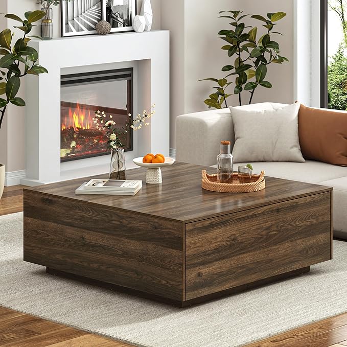 43” Square Coffee Table with Storage, Modern Large Square Center Table with 2 Drawers, Wood Coffee Table for Living Room, Walnut