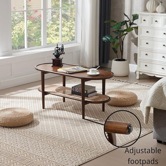 Modern Rattan Coffee Table, 39.5 Oval Walnut Wood Coffee Table with Storage Shelf for Living Room, 2-Tier Center Table Entryway Table Side Table Nightstand for Bedroom Office Small Space Cafe