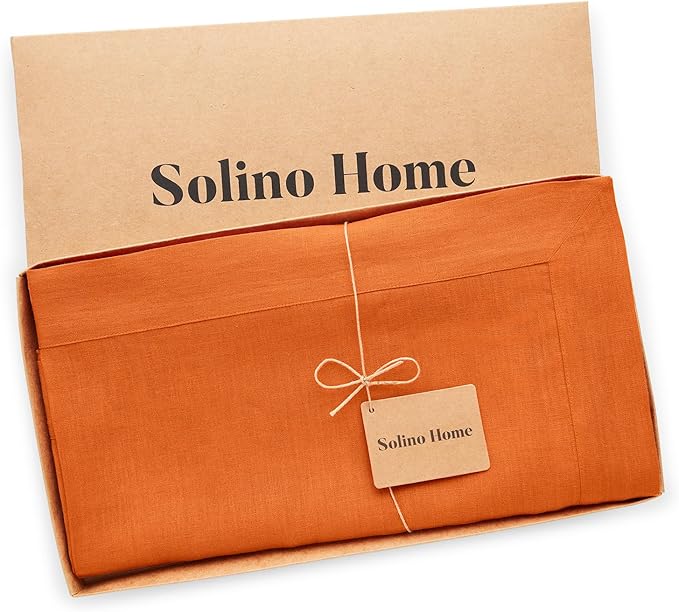 Solino Home Linen Tablecloth for Rectangle Tables 60 x 90 Inch - 100% Pure Linen Persimmon Orange Table Cloth - Fete, Machine Washable Cloth Tablecloth for Fall, Autumn, Halloween, Thanksgiving