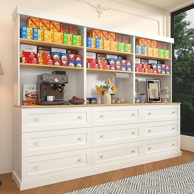 71" Tall Farmhouse Kitchen Pantry, Large Storage Cabinet with Drawers, Freestanding Coffee Bar Hutch with Microwave Stand, Adjustable Shelves for Kitchen, Living Room, White 3 Pcs