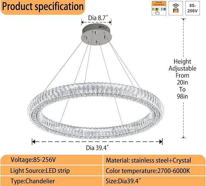 Modern 39.4" LED Ring Crystal Chandelier Adjustable Round Chrome Crystal Chandelier Dining Room Living Room Dimmable 3000K-6000K