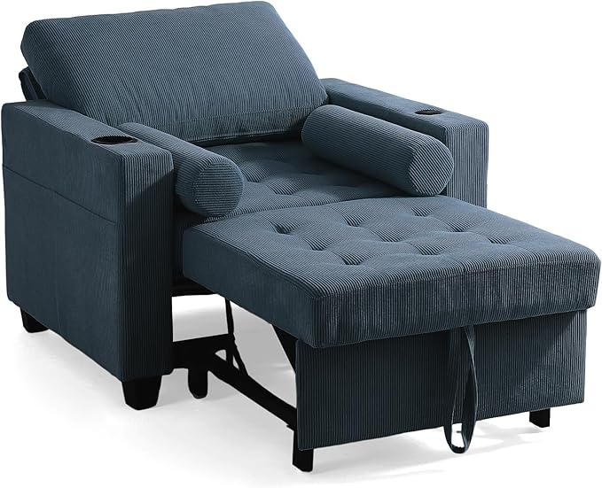 UIXE 3-in-1 Sleeper Chair Pull Out Sofa Bed, Convertible Reclining Seat Upholstered Armchair, Adjustable Backrest Recliner Chair with Side Pockets, Cup Holder & USB Ports - Navy Blue