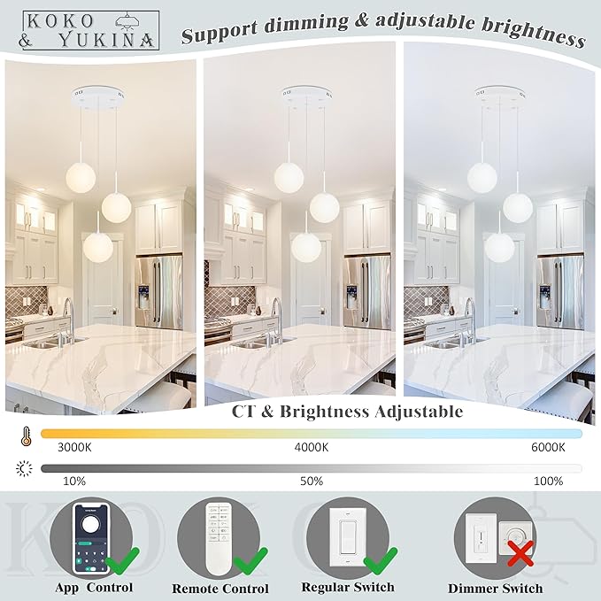 KoKo&Yukina Globe Pendant Light 3 Light White Globe Pendant Lights Kitchen Island Mid Century Light Fixture with Milky White Glass Shade for Dining Room Living Room