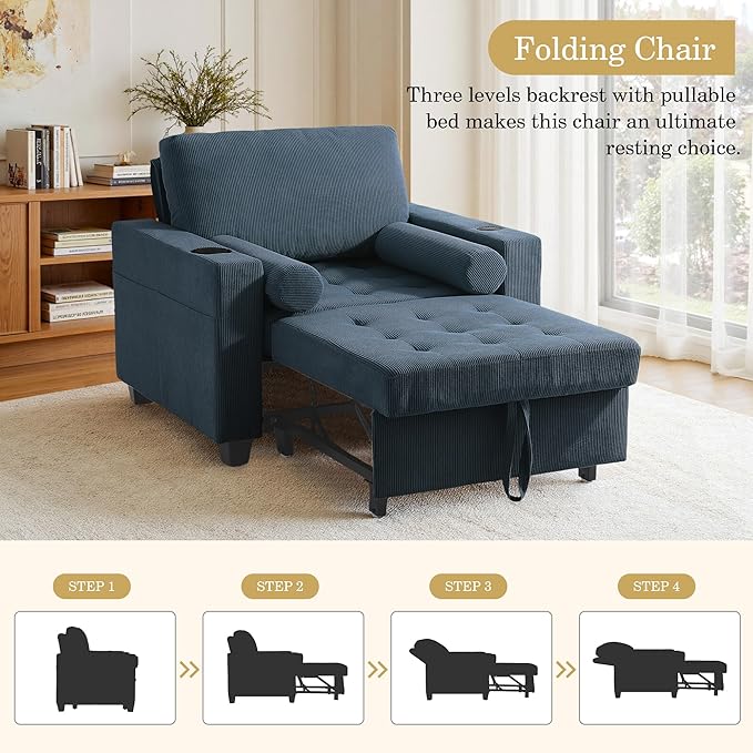 UIXE 3-in-1 Sleeper Chair Pull Out Sofa Bed, Convertible Reclining Seat Upholstered Armchair, Adjustable Backrest Recliner Chair with Side Pockets, Cup Holder & USB Ports - Navy Blue