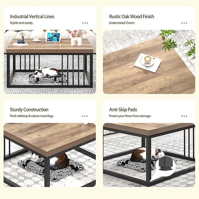 FOLUBAN Coffee Table, Modern Square Center Table for Living Room, Industrial Rustic Wood and Metal Cocktail Tea Table, 31.5 Inch, Oak