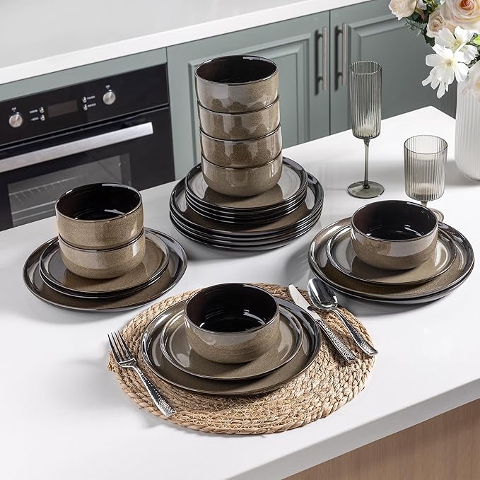 LeRATIO Ceramic Dinnerware Set of 4, Poreclain Plates, Bowls, Handmade Reactive Glaze Dishes, Chip Resistant, Oven & Dishwasher Safe, Service for 4-Chestnut