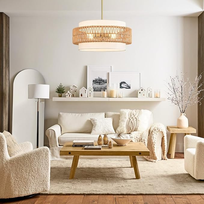 19.7" Boho Rattan Chandelier, 4-Light Large Rattan Pendant Light with Fabric Shade, Boho Drum Ceiling Hanging Light Fixture for Dining Room, Living Room, Kitchen Island, Hallway, Foyer