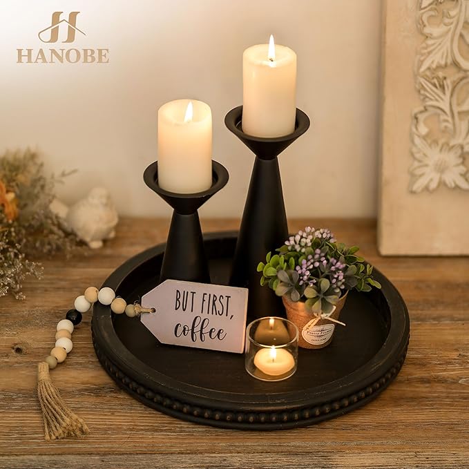 Hanobe Decorative Coffee Table Tray: Modern Farmhouse Beaded Round Tray Decor Rich Dark Brown Circle Wooden Ottoman Serving Platter for Centerpieces Kitchen Counter Bathroom