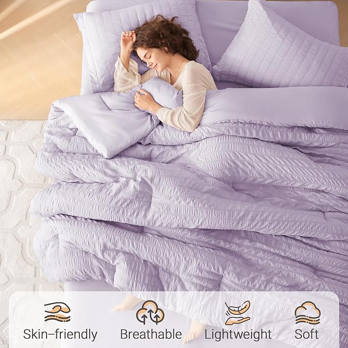 MUXHOMO 7 Pieces Full Comforter Set, Seersucker Bed in a Bag Full Size, All Season Luxury Bedding Set with Comforter, Flat Sheet, Fitted Sheet, Pillowcases & Shams, Lavender