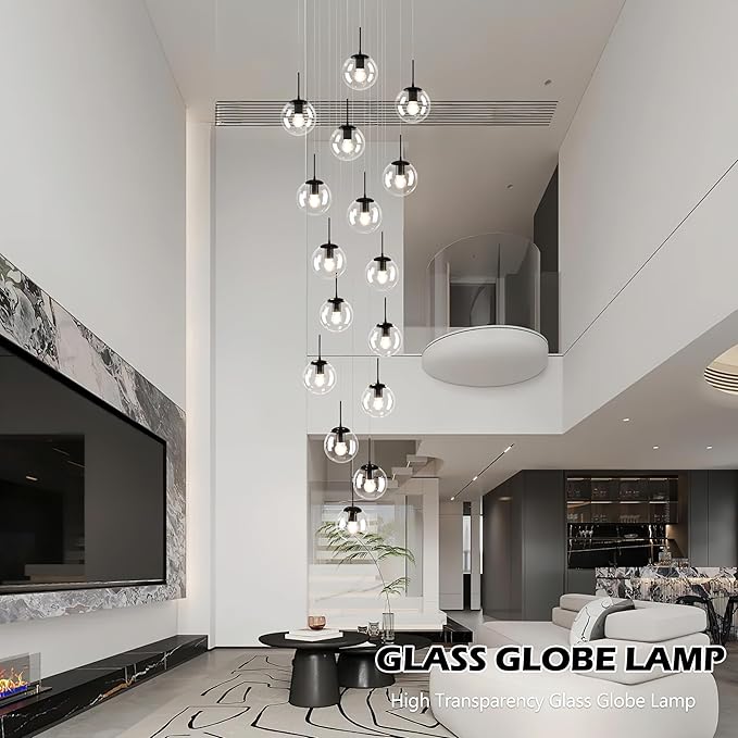 KoKo&Yukina 16-Light Black Mid Century Modern Chandelier for Living Room Staircase Chandelier for Entryway Clear Globe Glass Chandelier High Ceiling Chandeliers Foyer Entryway (Bulb & Remote Incl.)