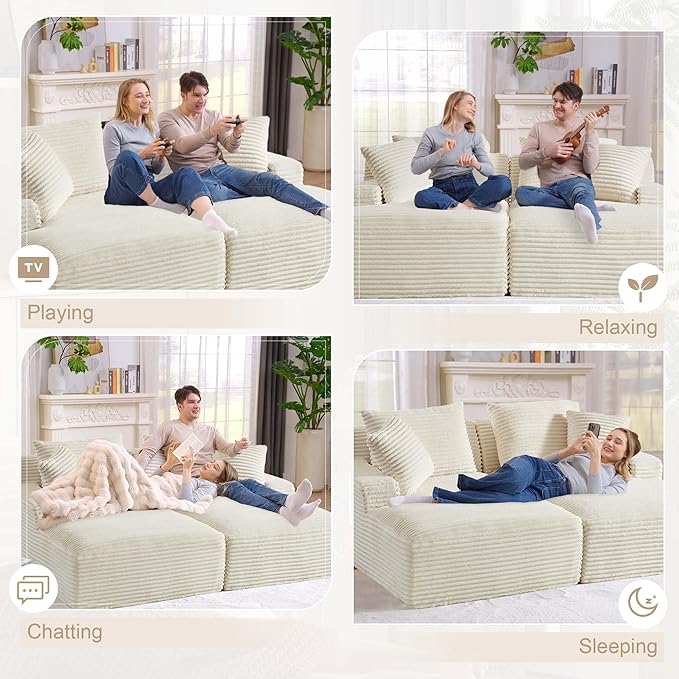 GNIXUU 78.8" Corduroy Boneless Chaise Lounges Sofa, Oversized Double Lounge Chair Indoor, Fluffy Upholstered Cloud Loveseat Sleeper Couch Bed for Living Room Bedroom Reading(Beige)