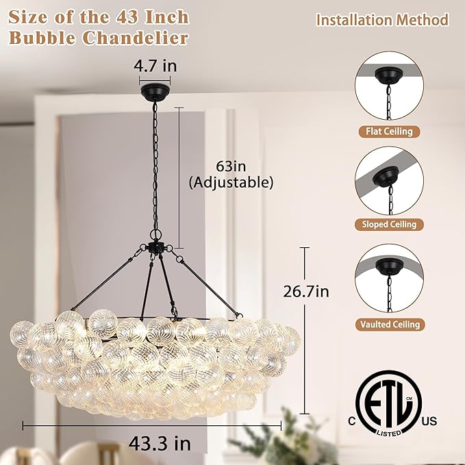 Dining Room Chandelier Modern Bubble Chandelier Lighting Cluster Globe Entryway Chandelier for Foyer, Living Room, Staircase, Dia 43 Inch