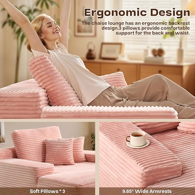 Chaise Lounge Sleeping Couch, 67" L * 48.5" W Oversized Assembly Free Modern Minimalist Sofa, Extra Deep Large Single Seat Sofa, Free Standing Floor Couch for Living Room (Pink Plush Fabric)