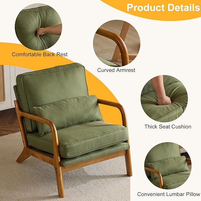 Karl home Accent Chair Mid-Century Modern Chair with Pillow Linen Fabric Upholstered Lounge Arm Chair with Solid Wood Frame & Soft Cushion for Living Room, Bedroom, Balcony, Green