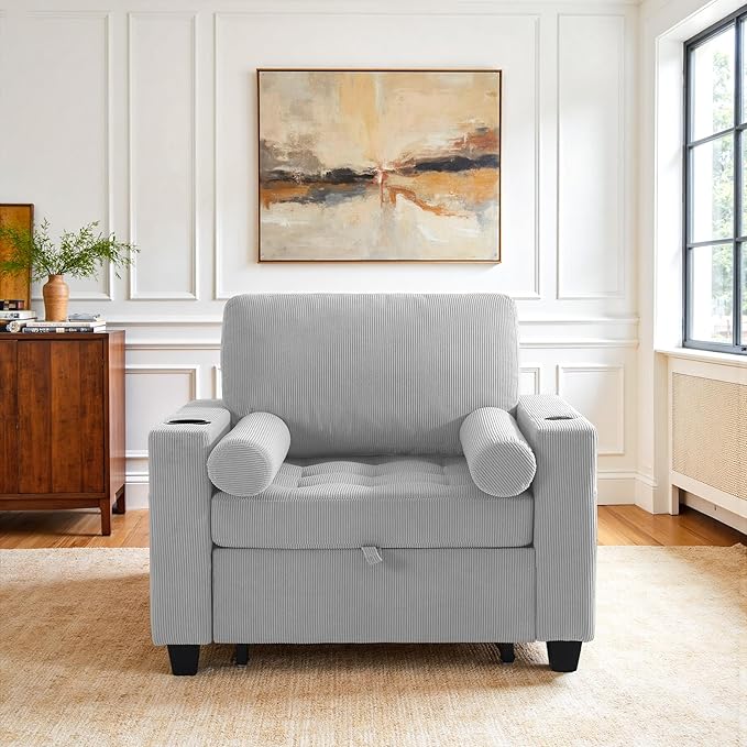 UIXE 3-in-1 Sleeper Chair Pull Out Sofa Bed, Convertible Reclining Seat Upholstered Armchair, Adjustable Backrest Recliner Chair with Side Pockets, Cup Holder & USB Ports - Light Gray