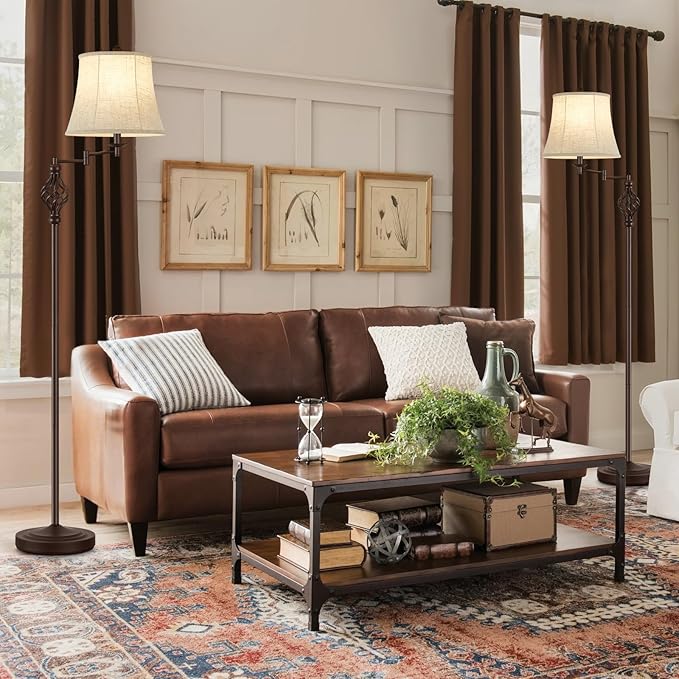 GyroVu 3 Color Temperature Floor lamp, Traditional 350° Adjustable Swing Arm Floor Lamp Vintage Pole lamp Farmhouse Lamp for Living Rooms, Rustic Standing Lamp for Bedroom Reading(Red Brown)