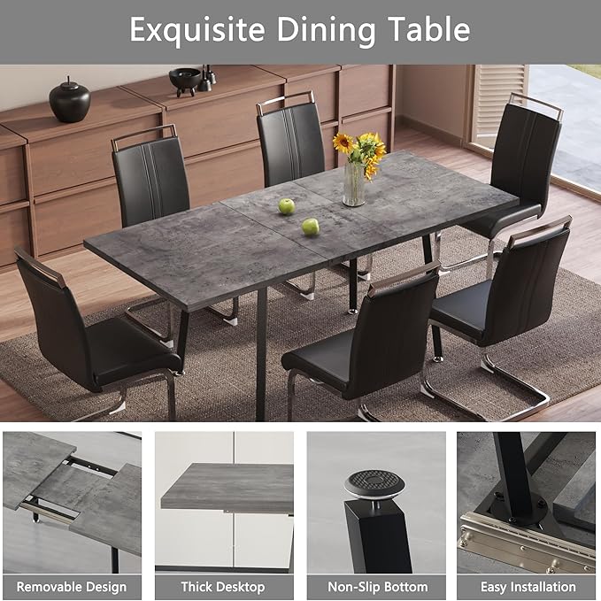 7 Piece Dining Table Set for 6-8,55-71" Extendable Dining Table Set with 6 Upholstered Chairs,Rectangle Kitchen Table Set for Small Space,Dining Room and Office,Grey