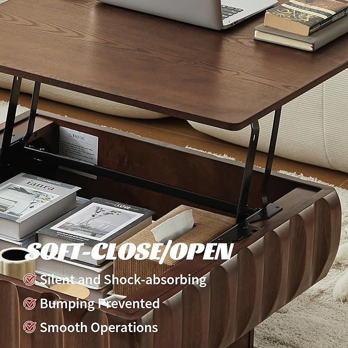 31" Lift Top Coffee Table for Living Room, Fluted Coffee Table with Hidden Storage Compartment, Mid Century Modern Solid Wood Veneer Square Center Table for Office Apartment Small Space, Walnut