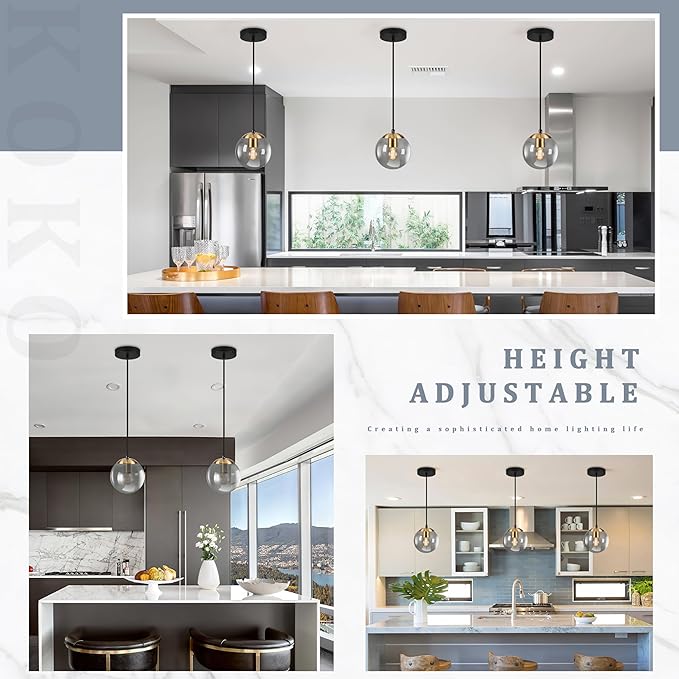 KoKo&Yukina 6 Inch Globe Pendant Light Gold Globe Pendant Lights Kitchen Island Mid Century Light Fixture with Grey Glass Shade for Dining Room