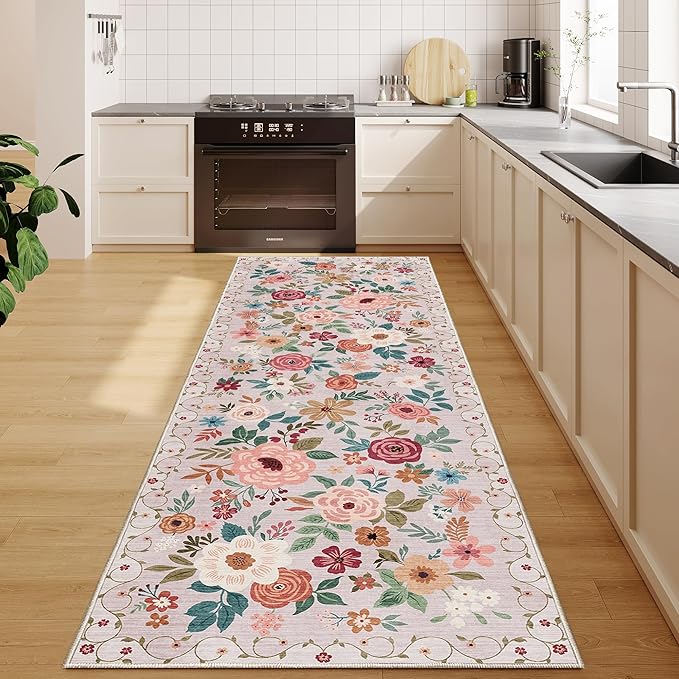 DUKINO Runner Rug, 2.6x8 Kitchen Runner Rug for Hallway with Non Slip Backing, Washable Low Pile Soft Boho Floral Carpet for Hallway, Kitchen, Entryway, Laundry, Bedroom, Beige