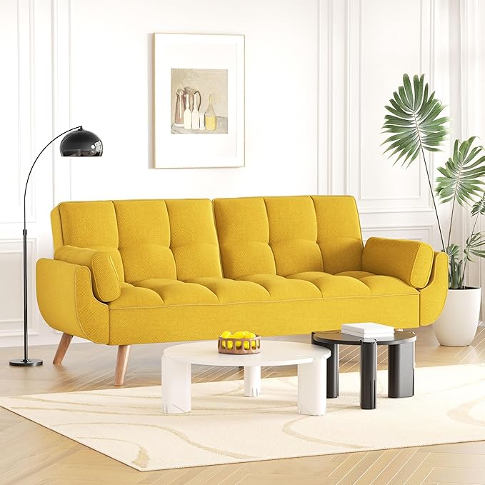 Futon Couch for Small Spaces & Apartment, 2-in-1Modern Comfy Loveseat Convertible Sofa Bed, 75.4-Inch Compact Design for Living Room, Dorms, and Studios-Yellow