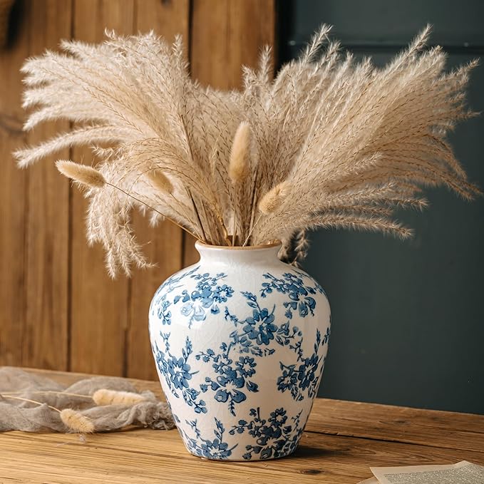 Blue and White Vase, 8 Inch Vintage Chinoiserie Ceramic Vase, Rustic Flower Vases Decorative Antique Vases for Home Decor, Retro Ice Cracked Porcelain Farmhouse Table Centerpieces Decor