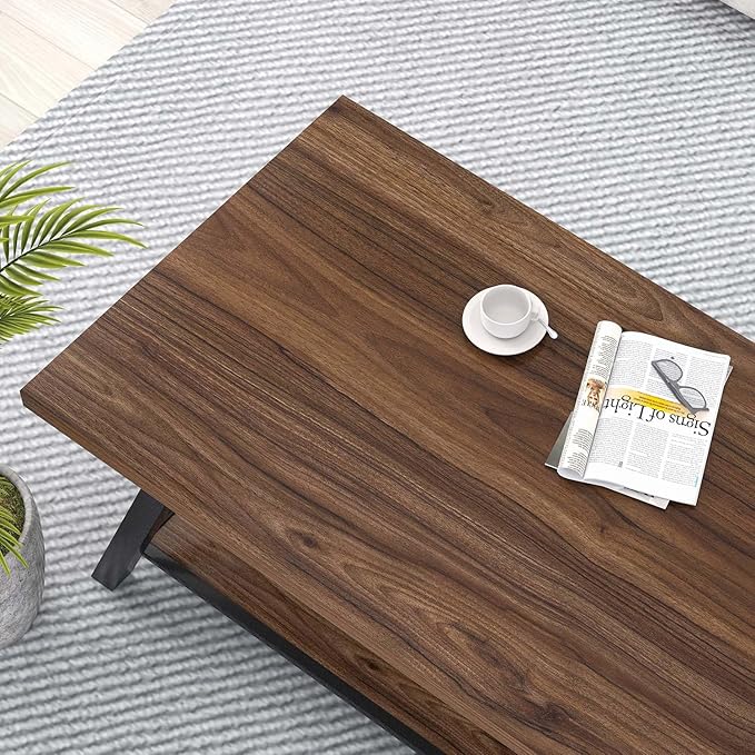 EXCEFUR Modern Coffee Table, Industrial Living Room Center Table with Storage Shelf, Rectangle Wood and Metal Cocktail Tea Table, Rustic Walnut, 47 Inch
