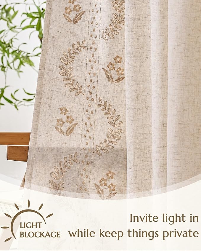 jinchan Belrose Lined Linen Blend Curtains Boho Floral Curtains for Bedroom 63 Inch Length Beige Embroidered Drapes Rod Pocket Farmhouse Flower Drapes for Living Room Window Treatments Set 2 Panels