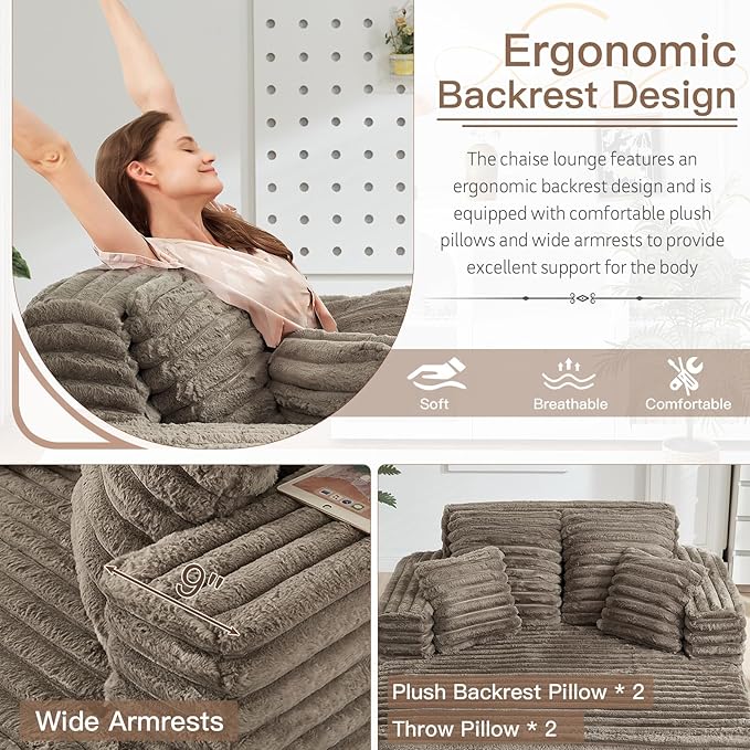 56"W Oversized Chaise Lounge Chair Indoor,Plush Faux Fur Sleeper Sofa Couch Bed with Pillows&Wide Armrest,Fluffy Comfy Cloud Sofa,Compression Foam Boneless Couch for Living Room,Bedroom(Brown)