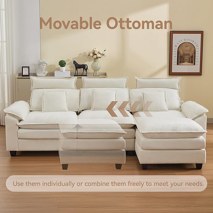 103'' Cloud Modern 3 Seater Couch with Detachable Headrest, Modular Sectional Sofa with Ottoman, Oversized L Shape Chenille Comfy Sofa with Armrests for Living Room, Beige