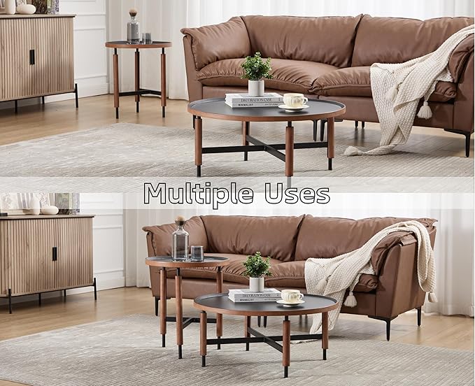 EALSON Nesting Coffee Table Set of 2 Round Coffee Tables with Black Metal Legs/Wood Top Mid Century Modern Centre Table Circle Accent Side Tables for Living Room Bedroom Walnut